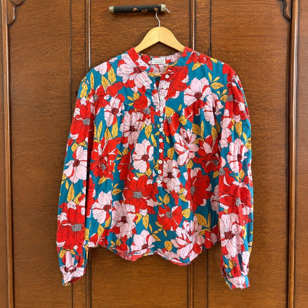 Taylor Floral Balloon Sleeve Half Button Blouse House of Halle Boutique Lg EUC